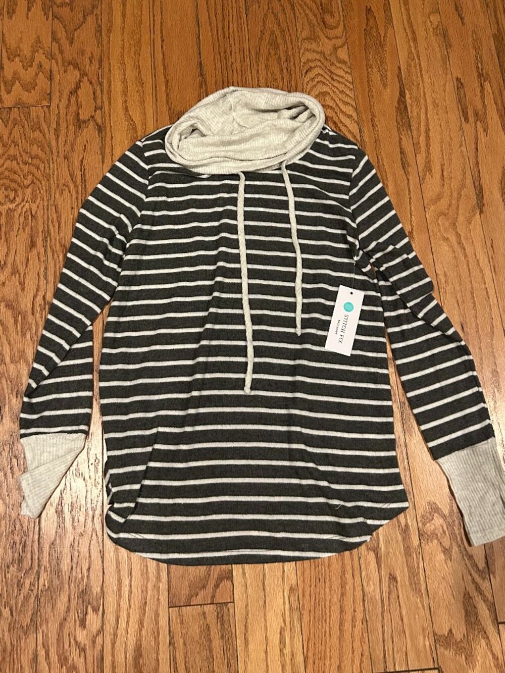 NWT PINK CLOVER Poplar Cowl Neck Brushed Knit Top Gray Striped Size XS